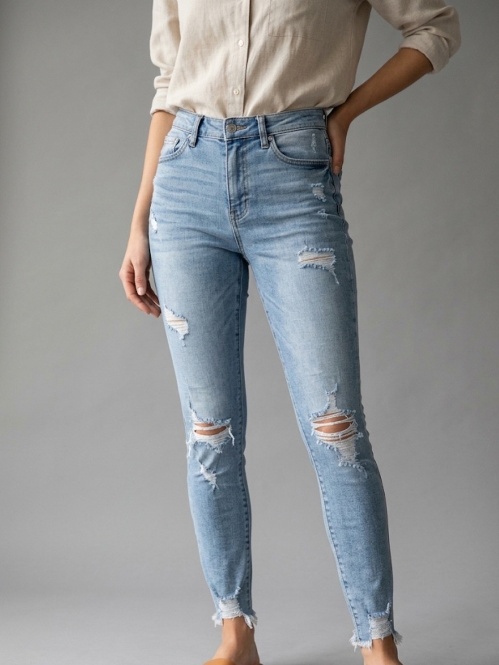 Joy Denim Cali Ultra High Rise Light Blue Skinny Distress Jeans Size 03